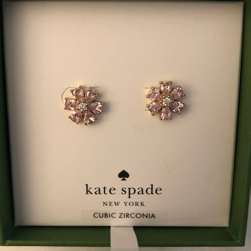 kate spade Gold Tone Always Sparkle Flower Stud Earrings Pink CZ Accents NWT